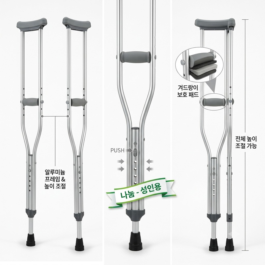 알루미늄 겨드랑이 목발 1쌍 나눔 (성인용, 높이 조절)